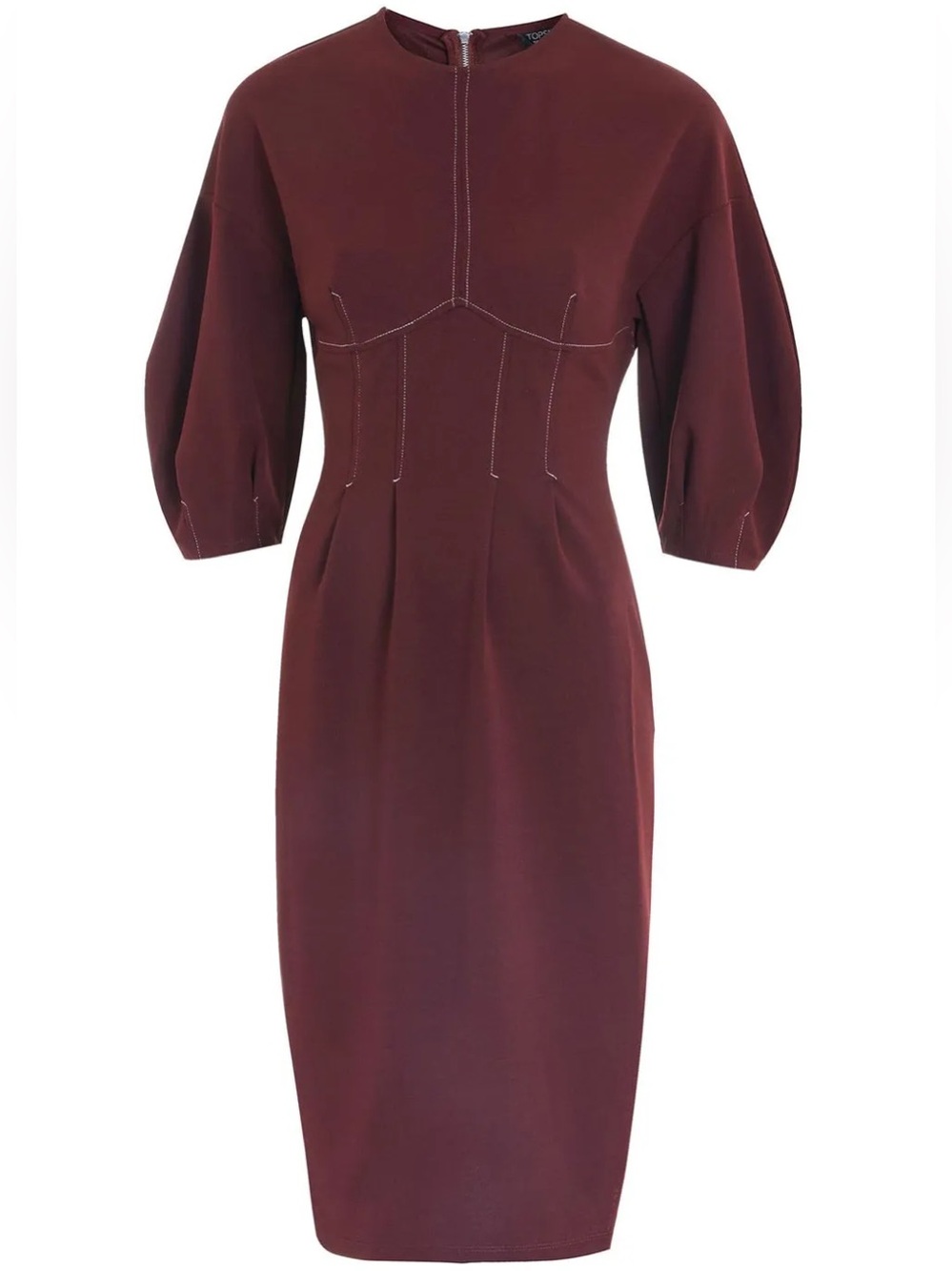 Topshop Burgundy Pencil Midi Dress Balloon Sleeves